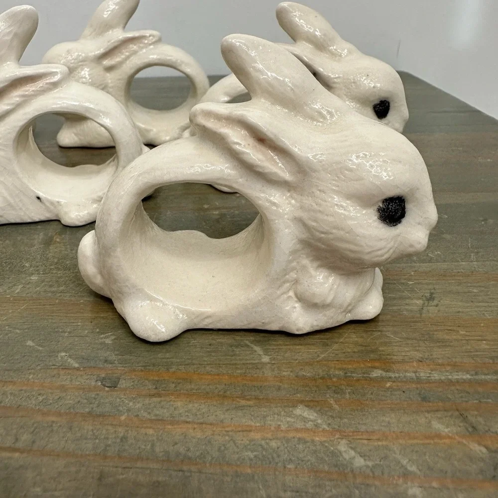 Set Of 6 Ceramic White Bunny Rabbit Napkin Ring Holders Handmade Easter Bunnies